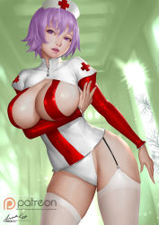 Rule 34 | 1girl, ariverkao, breasts, breasts out, dated, garter straps, gluteal fold, hat, large breasts, lips, long sleeves, looking at viewer, nurse cap, original, parted lips, patreon logo, puffy long sleeves, puffy sleeves, purple eyes, purple hair, short hair, signature, solo, standing, thighhighs, white thighhighs