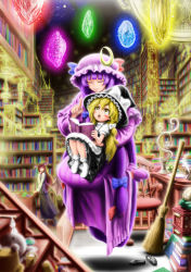 Rule 34 | 3girls, :o, ^ ^, aged down, bad id, bad pixiv id, bat wings, bishamonten&#039;s pagoda, blonde hair, book, bookshelf, bow, box, braid, broom, cart, chair, child, closed eyes, crescent, crystal, desk, embodiment of scarlet devil, female focus, finger to mouth, floating, frog, glowing, gohei, hair bow, hat, head wings, hexagram, highres, ice, index finger raised, kirisame marisa, koakuma, large wings, library, long hair, madenka, mary janes, multiple girls, onbashira, open book, patchouli knowledge, purple hair, pyonta, quill, reading, shoes, unworn shoes, shooting star, sitting, sitting on lap, sitting on person, skirt, sky, smile, stairs, star (sky), starry sky, touhou, very long hair, vest, voile, wings, witch hat, yagokoro, yellow eyes, yin yang