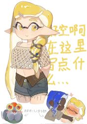Rule 34 | 1boy, 1girl, arms behind back, blue shorts, blush, braid, commentary request, dark-skinned male, dark skin, eyebrow cut, eyelashes, full-face blush, highres, inkling, inkling girl, inkling player character, kiss, long hair, midriff, multiple views, navel, nintendo, octoling, octoling boy, octoling player character, open mouth, pointy ears, redbeanpie0, shorts, single braid, smallfry (splatoon), smile, splatoon (series), splatoon 3, tentacle hair, thick eyebrows, translation request, very long hair