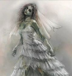 Rule 34 | 1girl, bare shoulders, breasts, bridal veil, bride, brown hair, character request, cleavage, colored skin, concept art, dress, gloves, green skin, messy hair, namco, official art, one-eyed, solo, strapless, strapless dress, tekken, tekken revolution, veil, wedding dress, white dress, zombie