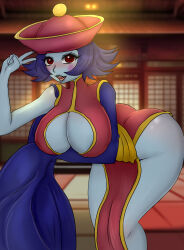 Rule 34 | 1girl, arm under breasts, arm up, asymmetrical sleeves, bare hips, bare legs, bent over, blue skin, blue sleeves, blurry, blurry background, blush, breasts, cleavage, cleavage cutout, clothing cutout, colored skin, darkstalkers, dress, eyebrows, eyelashes, feet out of frame, female focus, fingernails, hat, highres, hsien-ko, huge breasts, indoors, jiangshi, long sleeves, looking at viewer, open mouth, pelvic curtain, principenegro, purple hair, red dress, red eyes, red hat, short hair, single bare arm, single bare shoulder, sleeves past fingers, sleeves past wrists, smile, solo, standing, teeth, tongue, two-tone dress, two-tone hat, undead, upper teeth only, v, wide hips, yellow dress, yellow hat, zombie girl