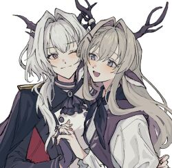 Rule 34 | 2girls, :d, alina (arknights), animal ears, antlers, arknights, arm around waist, ascot, black ascot, black cape, black gloves, black jacket, black neckerchief, black vest, blue eyes, blush, cape, closed mouth, deer ears, eye contact, gloves, grey eyes, hair between eyes, hair intakes, holding hands, horns, jacket, long hair, looking at another, multiple girls, neckerchief, one eye closed, open mouth, red cape, shirt, sidelocks, simple background, smile, talulah (arknights), talulah the fighter (arknights), two-sided cape, two-sided fabric, upper body, vest, white background, white hair, white shirt, yuri, zeiniku (o0o niku)