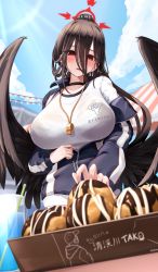 Rule 34 | 1girl, absurdres, black choker, black hair, black wings, blue archive, blue jacket, blue sky, blush, breasts, choker, cloud, daran9, day, feathered wings, food, hair between eyes, halo, hasumi (blue archive), hasumi (track) (blue archive), highres, huge breasts, jacket, long hair, long sleeves, looking at food, open mouth, parted lips, ponytail, red eyes, shirt, sky, solo, takoyaki, translation request, whistle, whistle around neck, white shirt, wings, zipper