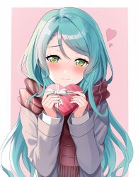 Rule 34 | 1girl, aqua hair, bang dream!, blush, box, commentary, embarrassed, english commentary, fries vanquisher, gift, gift box, green eyes, grey jacket, heart, heart-shaped box, highres, hikawa sayo, holding, holding gift, incoming gift, jacket, layered clothes, long hair, looking at viewer, ribbon, scarf, solo, two-tone background, valentine