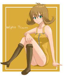 Rule 34 | 1990s (style), 1girl, bad id, bad pixiv id, bare shoulders, blush, boots, breasts, brown hair, character name, dress, final fantasy, final fantasy viii, flipped hair, green eyes, jont, medium breasts, overalls, selphie tilmitt, short hair, sitting, skirt, smile, solo, yellow background, yellow skirt, yellow theme, zipper
