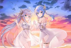 Rule 34 | 2girls, :o, absurdres, ahoge, bare shoulders, blue eyes, blue hair, blush, breasts, brown hair, closed mouth, cloud, commentary, crossover, detached sleeves, dress, english commentary, hair between eyes, hair ornament, highres, holding hands, hololive, horizon, hoshimachi suisei, interlocked fingers, janyhero, kagura nana, long hair, multicolored hair, multiple girls, nanakagu karatou ch, ocean, outdoors, puffy short sleeves, puffy sleeves, see-through, see-through sleeves, short sleeves, silver hair, small breasts, smile, sunset, two-tone hair, very long hair, virtual youtuber, water, white dress