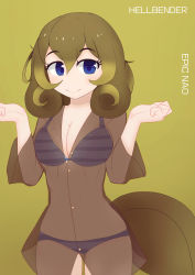 Rule 34 | 10s, 1girl, absurdres, artist name, bikini, blonde hair, blue eyes, breasts, brown hair, character name, cleavage, covered navel, curly hair, green background, hellbender, hellbender (kemono friends), highres, kemono friends, long hair, multicolored hair, simple background, solo, swimsuit, tail, two-tone hair, upper body
