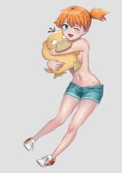 Rule 34 | 1girl, absurdres, bare arms, blush, creatures (company), denim, denim shorts, eyelashes, game freak, gen 1 pokemon, green eyes, green shorts, hair between eyes, hair tie, highres, hug, kotta, misty (pokemon), navel, nintendo, one eye closed, orange hair, pokemon, pokemon (anime), pokemon (classic anime), psyduck, short hair, shorts, smile, wink