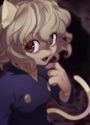 Rule 34 | 1girl, animal ears, buttons, cat ears, cat tail, claws, coat, eyelashes, fang, highres, hunter x hunter, long sleeves, looking at viewer, neferpitou, nikorupurumie, other focus, short hair, smile, solo, tail, white hair