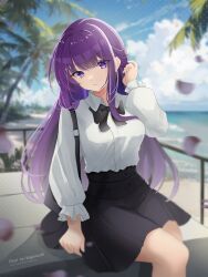 Rule 34 | 1girl, absurdres, adjusting hair, artist name, bag, black bow, black bowtie, black skirt, bow, bowtie, closed mouth, fern (sousou no frieren), highres, looking at viewer, mashiro arts, ocean, palm tree, purple eyes, purple hair, shirt, shirt tucked in, shoulder bag, sitting, skirt, sky, solo, sousou no frieren, tented shirt, traditional bowtie, tree, white shirt