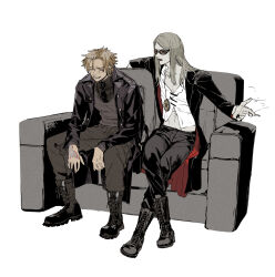 Rule 34 | 2boys, black jacket, black nails, black necktie, black pants, blonde hair, boots, cigarette, coat, command spell, couch, crossed legs, daybit sem void, fate/grand order, fate (series), flapper shirt, highres, holding, holding cigarette, jacket, jewelry, long hair, long sleeves, looking at another, male focus, medallion, midriff, midriff peek, multiple boys, necklace, necktie, on couch, open clothes, open jacket, orange-tinted eyewear, pants, riku gotaro, shirt, short hair, simple background, sitting, smoke, sunglasses, talking, tezcatlipoca (fate), tinted eyewear, trench coat, white background, white shirt