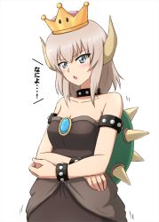 Rule 34 | 1girl, armlet, black dress, blue eyes, blush, bowsette, bowsette (cosplay), bracelet, breasts, brooch, chestnut mouth, cleavage, collar, commentary, cosplay, cowboy shot, crossed arms, crown, dress, frown, girls und panzer, highres, itsumi erika, jewelry, long hair, looking at viewer, mario (series), medium breasts, medium dress, motion lines, new super mario bros. u deluxe, nintendo, omachi (slabco), open mouth, silver hair, simple background, solo, spiked armlet, spiked bracelet, spiked collar, spiked shell, spikes, standing, strapless, strapless dress, super crown, translated, tsundere, turtle shell, white background