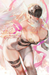 Rule 34 | 1girl, angel wings, angewomon, aoin, asymmetrical clothes, blonde hair, breasts, cleavage, digimon, digimon (creature), hagoromo, helmet, highres, large breasts, leaning forward, long hair, mask, multiple wings, parted lips, shawl, shiny skin, single leg pantyhose, smile, solo, thigh strap, winged helmet, wings, zipper