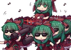Rule 34 | 6+girls, arm ribbon, blush, boots, brown footwear, commentary request, cross-laced footwear, dancing, dancing pallbearers (meme), dress, frilled dress, frilled ribbon, frills, green eyes, green hair, hair ribbon, kagiyama hina, long hair, meme, multiple girls, musical note, parody, red dress, red ribbon, ribbon, simple background, sitting, solid circle eyes, sunglasses, touhou, triangle mouth, unime seaflower, white background