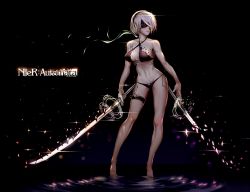 Rule 34 | 1girl, bad id, bad pixiv id, bare arms, bare legs, bare shoulders, barefoot, bikini, black background, black bikini, blindfold, breasts, cleavage, closed mouth, collarbone, contrapposto, copyright name, covered eyes, criss-cross halter, dissolving, dissolving clothes, dual wielding, front-tie bikini top, front-tie top, full body, glowing, glowing sword, glowing weapon, halterneck, halterneck, highres, holding, holding sword, holding weapon, katana, medium breasts, navel, nier (series), nier:automata, pauld, pink lips, short hair, side-tie bikini bottom, silver hair, simple background, smile, solo, sparkle, standing, standing on liquid, stomach, swimsuit, sword, thigh strap, water, weapon, 2b (nier:automata)