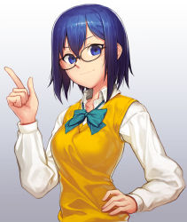 Rule 34 | 1girl, blue eyes, blue hair, bow, bowtie, breasts, ciel (tsukihime), glasses, gradient background, hair between eyes, hand on own hip, head tilt, highres, index finger raised, looking at viewer, randle, school uniform, shirt, sidelocks, simple background, smile, solo, tsukihime, upper body, vest