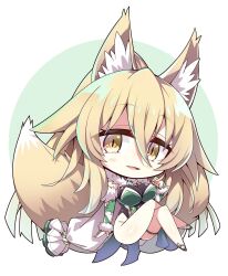 1girl akaneya animal_ear_fluff animal_ears black_leotard blonde_hair blush breasts chibi chibi_only commission crossed_legs detached_sleeves dress fox_ears fox_girl fox_tail fur-trimmed_sleeves fur_trim green_dress hair_between_eyes highres large_breasts leotard long_hair looking_at_viewer multiple_tails open_mouth original ponytail second-party_source skeb_commission smile solo suirin_(tukikagerou) tail thighs yellow_eyes