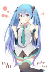 Rule 34 | 1girl, :q, blue eyes, blue hair, detached sleeves, food, harusawa, hatsune miku, headset, high heels, long hair, looking at viewer, matching hair/eyes, necktie, pocky, simple background, skirt, solo, thighhighs, tongue, tongue out, twintails, very long hair, vocaloid, white background