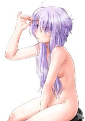 Rule 34 | 1girl, :o, adjusting hair, alternate hairstyle, arm up, ayama yuiya, between legs, blush, body blush, breasts, commentary request, eyes visible through hair, feet out of frame, hair over one eye, hand between legs, long hair, navel, nude, parted lips, purple eyes, purple hair, short hair with long locks, signature, sitting, small breasts, solo, stool, vocaloid, voiceroid, white background, yuzuki yukari