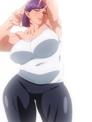 1girl 3rd_party_edit absurdres anime_screenshot arm_behind_head armpits arms_up black_hair black_pants breasts collarbone cowboy_shot curvy elf-san_wa_yaserarenai. fang food highres horns huge_breasts interlocked_fingers looking_at_viewer medium_hair muscular muscular_female oga_(elf-san_wa_yaserarenai.) oni onigiri own_hands_together pants plump red_eyes shirt short_hair simple_background sleeveless sleeveless_shirt smile solo standing stitched sweat sweatdrop swept_bangs tank_top thick_thighs thighs third-party_edit white_background wide_hips