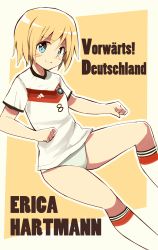 Rule 34 | 1girl, 2014 fifa world cup, blonde hair, blue eyes, character name, erica hartmann, german text, germany, glastonbury1966, highres, looking at viewer, no pants, panties, short hair, smile, soccer, soccer uniform, socks, solo, sportswear, strike witches, text focus, translated, underwear, white panties, world cup, world witches series