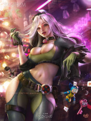 Rule 34 | 1girl, ass, belt, breasts, charm (object), choker, cleavage, clothing cutout, collar, crop top, curvy, eyewear on head, gambit, glasses, gloves, highres, jacket, jacket partially removed, key, large breasts, lips, looking at viewer, marvel, multicolored hair, navel, parted lips, playing with own hair, red lips, rogue, rogue (x-men), skin tight, skindentation, thick lips, thick thighs, thigh cutout, thigh gap, thighhighs, thighs, white hair, wolverine (x-men), x-men, yam spectrum