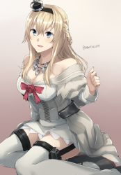 Rule 34 | 10s, 1girl, :d, bare shoulders, blonde hair, blue eyes, braid, breasts, cleavage, corset, crown, dress, french braid, garter straps, hair between eyes, jewelry, kantai collection, large breasts, long hair, mini crown, necklace, off-shoulder dress, off shoulder, open mouth, short dress, sitting, smile, solo, somechime (sometime1209), thighhighs, twitter username, warspite (kancolle), white thighhighs, zettai ryouiki