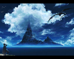 Rule 34 | 1boy, blue sky, cloak, cloud, day, dragon, fantasy, flying, island, letterboxed, male focus, mountain, original, ryou (kimagure), scenery, sky, solo, standing, water