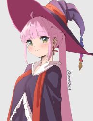 Rule 34 | 1girl, artist name, blush, closed mouth, commentary, dated commentary, green eyes, grey background, hat, kazairo kotone, long hair, looking at viewer, pink hair, ponytail, purple hat, purple robe, robe, rpg fudousan, sidelocks, simple background, skeptycally, smile, solo, witch hat