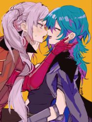Rule 34 | 2girls, artist name, blush, byleth (female) (fire emblem), byleth (fire emblem), closed eyes, commentary, edelgard von hresvelg, english commentary, face-to-face, fire emblem, fire emblem: three houses, from side, green hair, grey hair, hand on another&#039;s cheek, hand on another&#039;s face, highres, kurosukenekocha, long hair, looking at another, messy hair, multicolored hair, multiple girls, nintendo, profile, purple hair, sketch, sweat, two-tone hair, yellow background, yuri