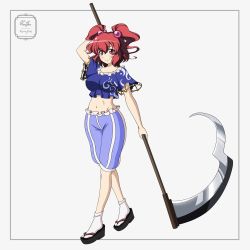 Rule 34 | 1girl, absurdres, adapted costume, alternate costume, belly, blouse, blue pants, blue shirt, blush, breasts, frilled shirt, frills, hair ornament, highres, large breasts, lipstick, makeup, onozuka komachi, pants, puffy pants, red eyes, red hair, remyfive, scythe, shirt, short sleeves, smile, socks, striped, touhou, wavy hair, white socks