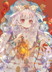 Rule 34 | 1girl, brown background, brown eyes, cha goma, christmas, christmas ornaments, closed mouth, commentary request, dress, food, fruit, gingerbread man, hands up, highres, holding, holding lantern, lantern, long hair, long sleeves, looking at viewer, original, simple background, smile, solo, strawberry, very long hair, white dress, white hair