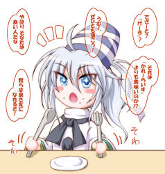 Rule 34 | 1girl, ^^^, ahoge, blue eyes, blush, blush stickers, female focus, food, food on face, fork, grey hair, hat, inasaki shirau, japanese clothes, mononobe no futo, open mouth, plate, ponytail, simple background, solo, spoon, star-shaped pupils, star (symbol), symbol-shaped pupils, touhou, tsurime
