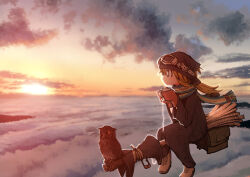 Rule 34 | 1girl, above clouds, bag, bandana, bird, black headwear, black robe, blonde hair, blue eyes, boots, bright pupils, broom, broom riding, brown footwear, cloud, cup, floating hair, from side, goggles, goggles on head, hatching (texture), highres, holding, holding cup, kamonari ahiru, long hair, original, owl, robe, shirt, sky, smile, solo, striped clothes, striped shirt, sunlight, sunset, vertical-striped clothes, vertical-striped shirt, white pupils, witch