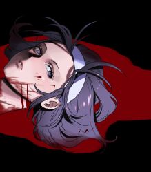 Rule 34 | 1girl, black hair, blood, blood on face, disembodied head, eyelashes, hairband, hanny (uirusu chan), highres, implied death, kazama jun, lips, looking to the side, lying, messy hair, namco, on back, parted lips, pool of blood, purple eyes, short hair, solo, tekken, tekken 2, tekken tag tournament, white hairband