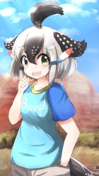 Rule 34 | 1girl, ahoge, arm up, bird tail, black hair, blouse, blue shirt, blue sky, blurry, blurry background, clenched hand, clothes writing, cloud, commentary request, day, desert, fang, greater roadrunner (kemono friends), green eyes, hand in pocket, highres, kemono friends, kemono friends 2, multicolored hair, open mouth, outdoors, shirt, short sleeves, shorts, sky, solo, standing, t-shirt, tail, talented feather, teeth, two-tone hair, upper body, upper teeth only, white hair