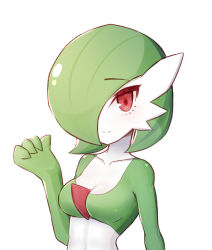 Rule 34 | breasts, cleavage, closed mouth, collarbone, colored skin, commentary request, creatures (company), game freak, gardevoir, gen 3 pokemon, hand up, highres, korean commentary, looking at viewer, myanja, nintendo, pokemon, pokemon (creature), red eyes, shiny skin, simple background, smile, solo, upper body, white background, white skin