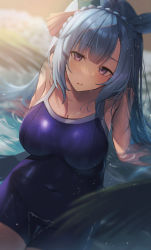 Rule 34 | 1girl, arm support, blue one-piece swimsuit, breasts, hair ornament, head tilt, highres, horse girl, large breasts, long hair, mejiro ardan (umamusume), one-piece swimsuit, open mouth, ray mil68, school swimsuit, solo, swimsuit, umamusume, very long hair, wakamezake, wet, wet clothes, wet hair, wet swimsuit