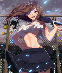 Rule 34 | 1girl, 2017, :d, absurdres, arm tattoo, bare shoulders, black panties, blue skirt, breasts, brown hair, chain-link fence, character request, closed umbrella, cloud, cloudy sky, collarbone, cowboy shot, dated, fence, fingernails, floating hair, hand on own hip, highleg, highleg panties, highres, large breasts, long fingernails, long hair, looking to the side, lucky (1045044604), midriff, miniskirt, nail polish, navel, open mouth, orange eyes, original, outdoors, over shoulder, panties, pink lips, pink nails, pleated skirt, poster (object), skirt, sky, smile, solo, spaghetti strap, star-shaped pupils, star (symbol), string panties, symbol-shaped pupils, tattoo, teeth, umbrella, underwear, wind