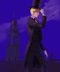 Rule 34 | 00s, 1boy, axis powers hetalia, bad id, bad pixiv id, blonde hair, cane, elizabeth tower, formal, gloves, hat, hat tip, highres, lanka, male focus, night, outdoors, short hair, sky, solo, suit, top hat, tower, united kingdom, united kingdom (hetalia), vest, victorian, white gloves