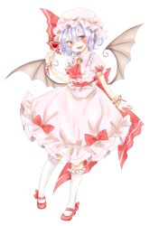 Rule 34 | 1girl, ascot, bat wings, blue hair, brooch, cocktail, cocktail glass, cup, dress, drinking glass, fang, hat, hat ribbon, highres, jewelry, maru usagi, mob cap, open mouth, pink dress, red eyes, remilia scarlet, ribbon, sash, simple background, smile, solo, touhou, white background, wings, wrist cuffs