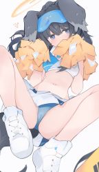Rule 34 | 1girl, animal ears, black hair, blue archive, cheerleader, commentary request, detached collar, dog ears, dog girl, dog tail, goggles, goggles on head, hair between eyes, halo, hibiki (blue archive), hibiki (cheer squad) (blue archive), highres, holding, holding pom poms, long hair, looking at viewer, mikozin, millennium cheerleader outfit (blue archive), navel, pleated skirt, pom pom (cheerleading), pom poms, ponytail, purple eyes, shoes, sidelocks, simple background, sitting, skirt, sleeveless, sneakers, solo, stomach, tail, white background