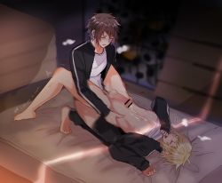 Rule 34 | 10s, 2boys, anal, barefoot, blush, bottomless, censored, clothed sex, cum, cum on self, ejaculating while penetrated, ejaculation, erection, feet, final fantasy, final fantasy xv, lying, male focus, male penetrated, multiple boys, noctis lucis caelum, orgasm, penis, prompto argentum, s musou1, school uniform, sex, steam, toes, wince, yaoi