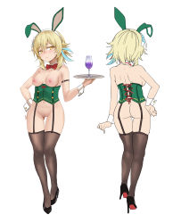 Rule 34 | 1girl, absurdres, animal ears, ass, black footwear, blonde hair, blush, bow, bowtie, breasts, brown thighhighs, closed mouth, contrapposto, cup, drinking glass, from behind, garter straps, genshin impact, gluteal fold, hairband, hand on own hip, high heels, highres, holding, holding tray, looking at viewer, lumine (genshin impact), madcocoon, medium breasts, medium hair, multiple views, navel, nipples, nontraditional playboy bunny, nude, pussy, rabbit ears, red bow, red bowtie, simple background, standing, thighhighs, traditional bowtie, tray, white background, white hairband, wrist cuffs, yellow eyes