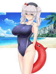 Rule 34 | 1girl, absurdres, abyssal ship, arms behind back, bad id, bad pixiv id, beach, blue eyes, blue one-piece swimsuit, blue sky, breasts, cloud, competition swimsuit, covered navel, cowboy shot, day, enemy lifebuoy (kancolle), grey hair, highres, kantai collection, kashima (kancolle), large breasts, looking at viewer, one-piece swimsuit, outdoors, pachio, sidelocks, sky, solo, standing, swimsuit, twintails, wavy hair