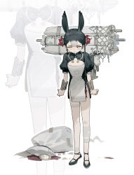 Rule 34 | 1girl, absurdres, animal ears, bag, bandaged leg, bandages, black footwear, black hair, china dress, chinese clothes, cleavage cutout, clenched hands, closed mouth, clothing cutout, coin, dress, frown, full body, grey hair, gua61, hair bun, highres, looking at viewer, multicolored hair, original, pelvic curtain, puffy short sleeves, puffy sleeves, rabbit ears, rope, shoes, short sleeves, solo, standing, trash bag, white background, yellow eyes, yin yang, zoom layer