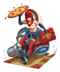 Rule 34 | 1girl, breasts, brown hair, choker, cleavage, clothes around waist, elbow gloves, fingerless gloves, food, gloves, hat, highres, league of legends, long hair, motor vehicle, motorcycle, oldlim, pepperoni, pizza, pizza delivery, pizza delivery sivir, ponytail, purple eyes, red thighhighs, shirt, shirt around waist, sivir, stuffed crust, thighhighs
