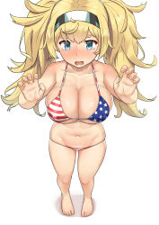 Rule 34 | 1girl, absurdres, alternate costume, american flag bikini, american flag print, bad id, bad pixiv id, bare legs, bikini, blonde hair, blue eyes, blush, breasts, cleavage, collarbone, embarrassed, flag print, from above, gambier bay (kancolle), groin, hair between eyes, hairband, hands up, highres, hip focus, kantai collection, large breasts, long hair, messy hair, navel, open mouth, osananajimi neko, print bikini, simple background, solo, stomach, swimsuit, tears, twintails, white background, worried
