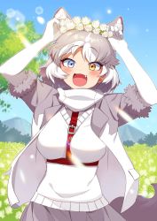 Rule 34 | 1girl, animal ears, blue eyes, blush, commentary request, cowboy shot, dog (mixed breed) (kemono friends), dog ears, dog girl, dog tail, elbow gloves, fang, fur trim, gloves, grey hair, grey skirt, happy, harness, head wreath, heterochromia, highres, jacket, kamuraaa 615, kemono friends, looking at viewer, multicolored clothes, multicolored hair, multicolored jacket, open mouth, pleated skirt, scarf, short hair, skirt, solo, tail, two-tone hair, two-tone jacket, vest, white gloves, white hair, white jacket, white neckwear, white vest, yellow eyes