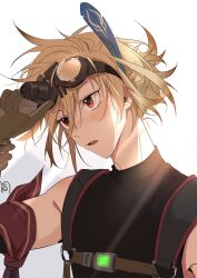 Rule 34 | 1boy, black shirt, blonde hair, feather hair ornament, feathers, genshin impact, gloves, hair between eyes, hair ornament, highres, kaveh (genshin impact), light rays, male focus, open mouth, red eyes, shirt, short hair, simple background, sleeveless, sleeveless shirt, solo, sweatdrop, upper body, yanqish68125154
